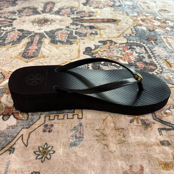 Tory Burch Wedge Flip Flop Sandals Platform Y2k Black Women's Size 7 - Picture 7 of 11